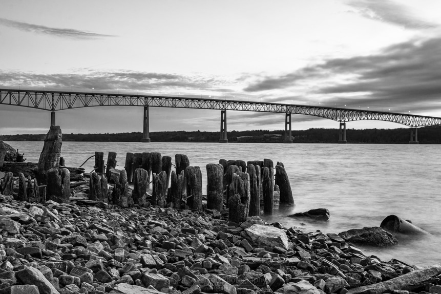 A black & white photo of the old wooden pilings along the shore of Charles Rider Park on a January morning.