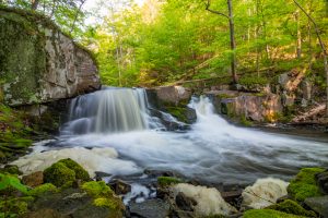 A long exposure photo of the Middle Falls on a May morning at John Burroughs Nature Sanctuary.