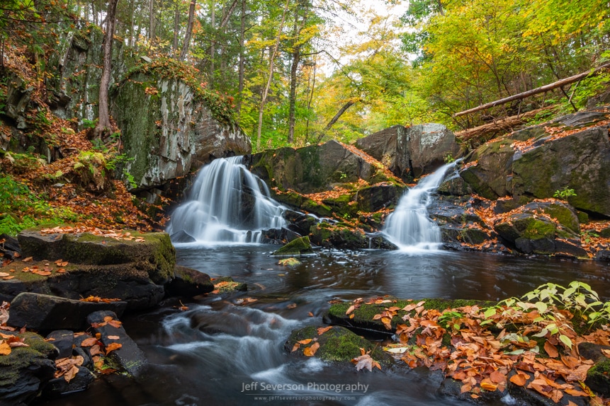 A photograph of a waterfall along Black Creek on an Autumn morning in the Town of Esopus, NY.