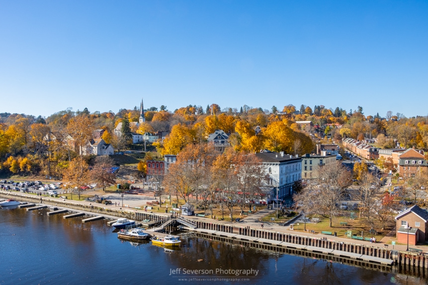 A landscape photo from atop the John T. Loughran Bridge of the Kingston-Rondout Waterfront District on an autumn afternoon.