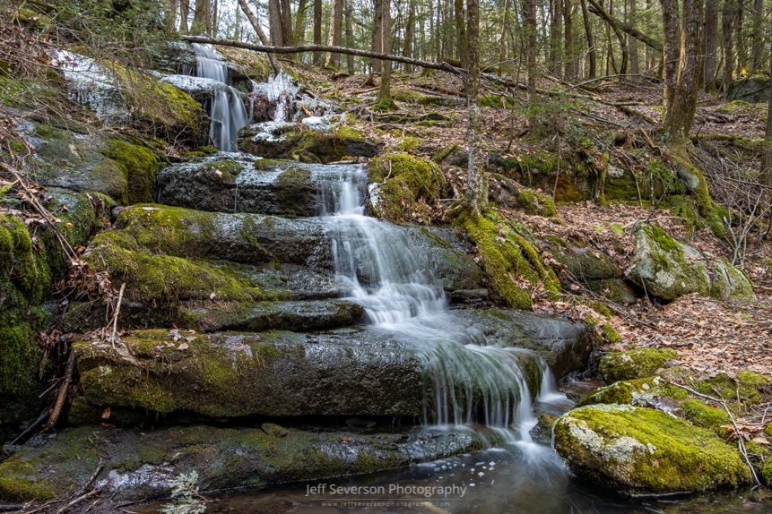 A photo of the seasonal waterfall known as Mossy Brook at Mohonk Preserve on a December morning.