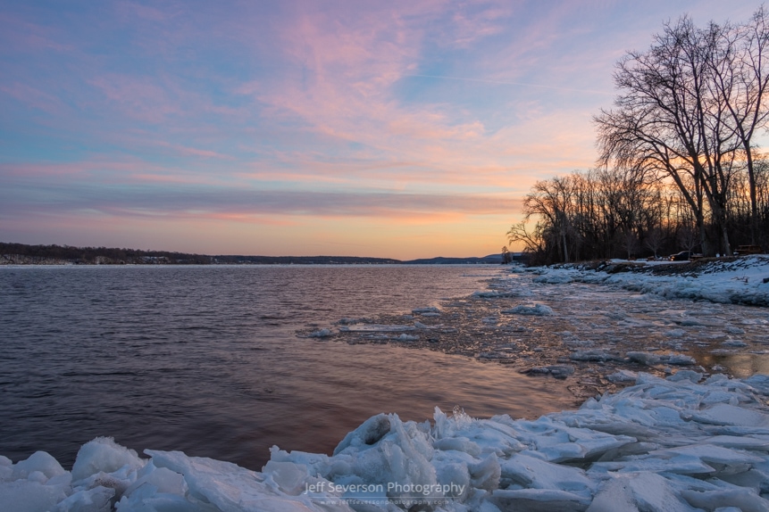 A photo of a sunset over the Hudson River on a February evening at Charles Rider Park.