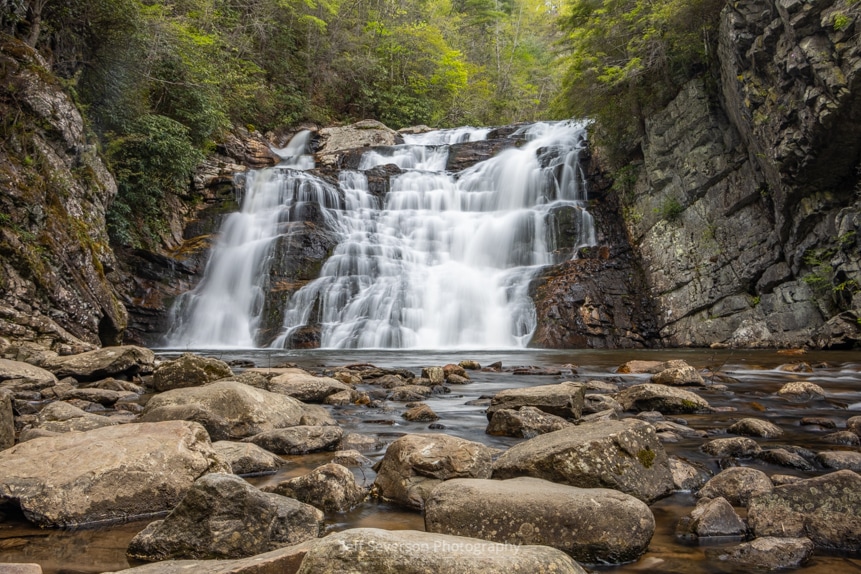 A photograph of Laurel Falls, a 40 foot high and 50 foot wide waterfall located off the Appalachian Trail in Hampton, TN.