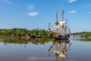 A photo of the Kalmar Nyckel, replica of a 1625 Dutch-built armed merchant ship, as it sails down the Rondout Creek to the Hudson River.
