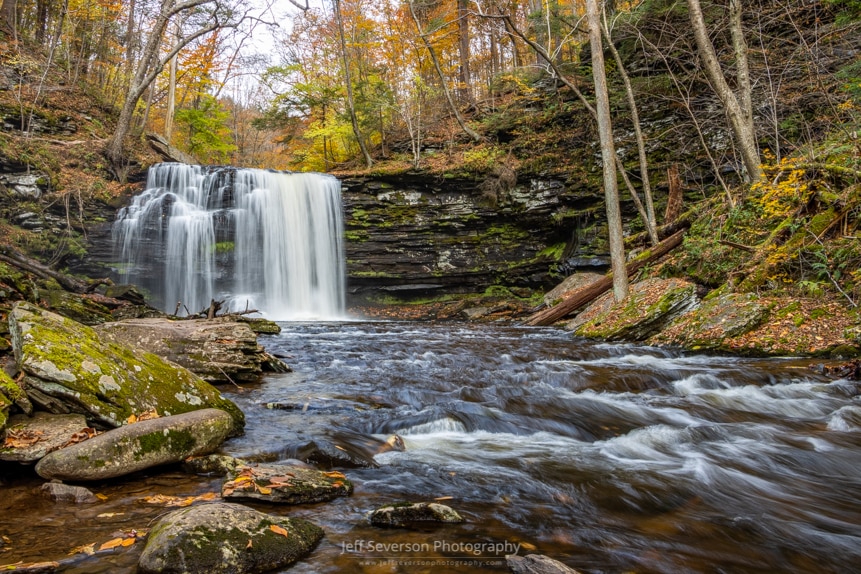 A photo of the 27 foot tall Harrison Wright Falls at Ricketts Glen State Park in Pennsylvania on a November morning.