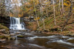 A long exposure photo of the 36 foot tall Sheldon Reynolds Falls at Ricketts Glen State Park in Pennsylvania on a November morning.