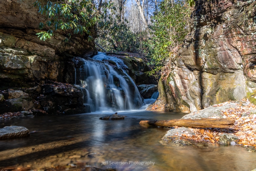 A photo of the first of several waterfalls that can be found at the Blue Hole in Elizabethton, TN.