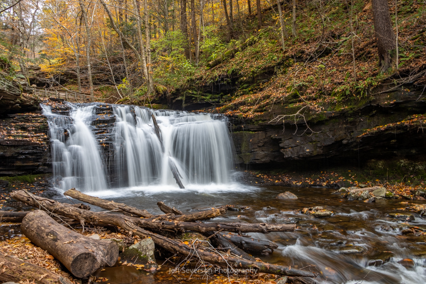 A photo of the 15 foot tall Wyandot Falls at Ricketts Glen State Park in PA on a November morning