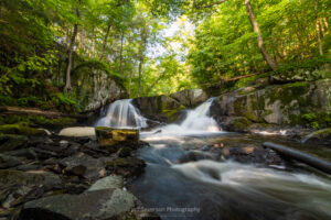 A long exposure photo of the Middle Falls of Black Creek at John Burroughs Nature Sanctuary on a June morning.