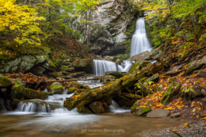 A long exposure photo of Buttermilk Falls along Peekamoose Rd in Denning, NY on an October morning.