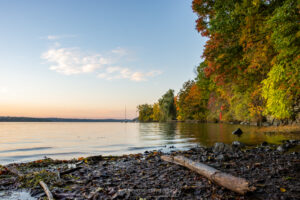 Autumn colors along the shoreline of the Hudson River at Scenic Hudson's Falling Waters Preserve minutes before sunrise on an October morning.