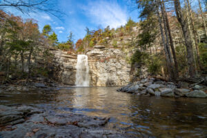 A wide angle photograph of Awosting Falls, the nearly 60 ft. waterfall at Minnewaska State Park Preserve in Kerhonkson, on an October morning.