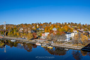 A photo of Kingston's historic Rondout Waterfront District on an October morning captured from atop the John T. Loughran Bridge