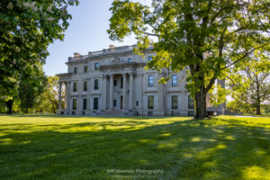 A photo of the Vanderbilt Mansion, a National Historic Landmark since 1940, in Hyde Park, NY on a May evening.