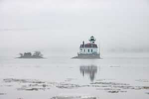 A photo of the Esopus Lighthouse during a break in the fog on the Hudson River on a January morning.