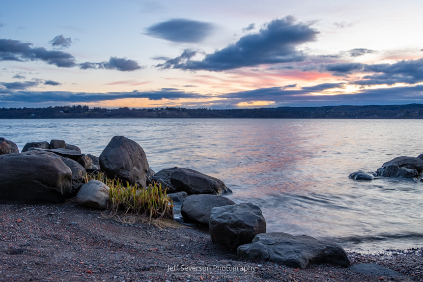 The first sunrise of Spring in 2024 from along the shore of the Hudson River at Lighthouse Park in Ulster Park, NY.