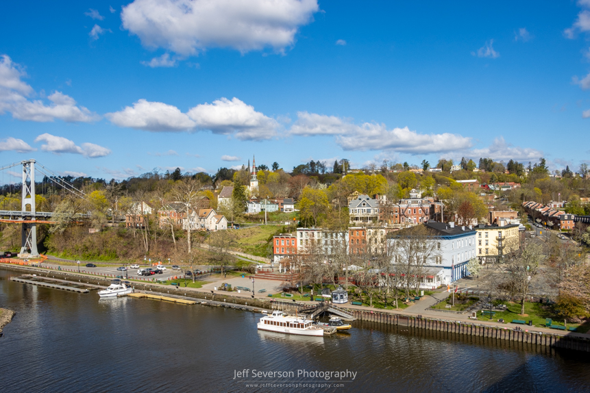 A landscape photo of the Rondout District of the city of Kingston shot from the John T. Loughran Bridge that spans the Rondout Creek between Kingston and Port Ewen.