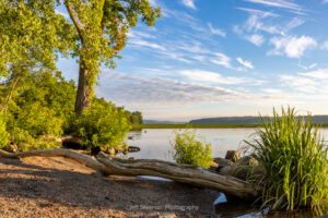 A photo of the shoreline of the Hudson River during the golden hour after sunrise at Lighthouse Park in Ulster Park, NY.