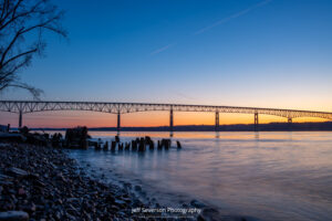 An April dawn over the Kingston-Rhinecliff Bridge from along the shores of Charles Rider Park in Kingston, NY.