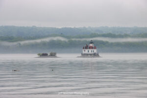 A foggy May morning on the Hudson River at the Esopus Meadows Lighthouse.