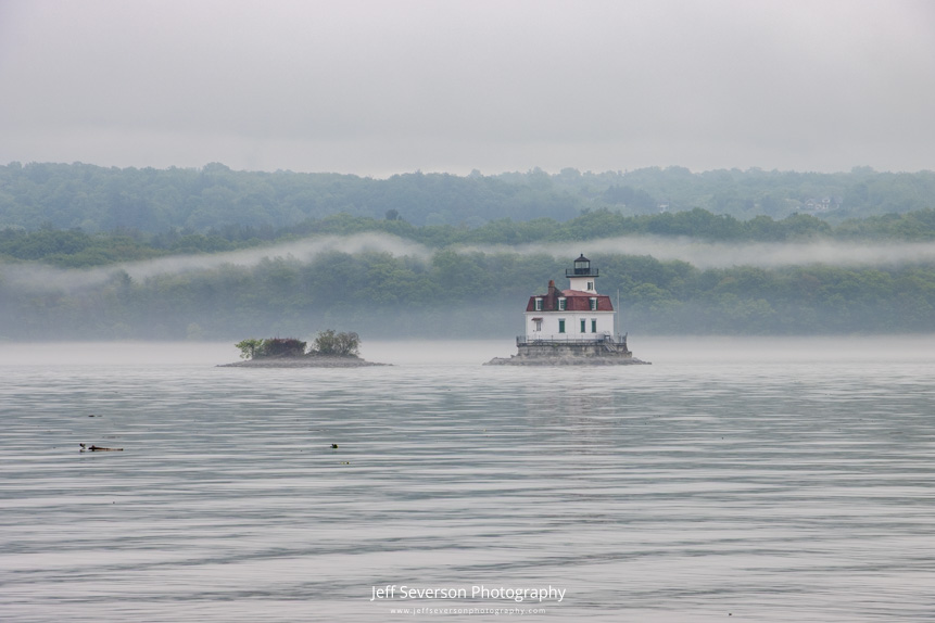 A foggy May morning on the Hudson River at the Esopus Meadows Lighthouse.